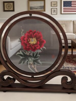 Handcrafted Chinese Suzhou Embroidery Red Peony Table Screen – Special artwork suitable for living rooms and offices