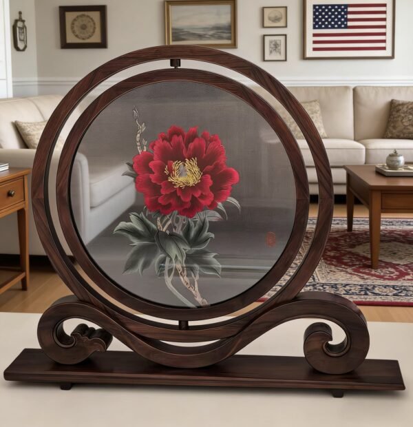 Handcrafted Chinese Suzhou Embroidery Red Peony Table Screen – Special artwork suitable for living rooms and offices
